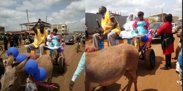 Kenyan couple rides decorated donkey cart to their wedding